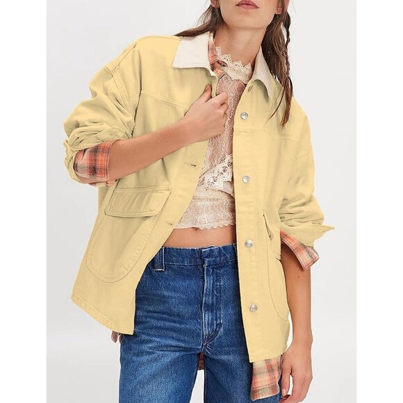 Women's Oversized Denim Jacket with Contrast Trim Long Sleeve Button Down Yellow - Picture 2 of 6